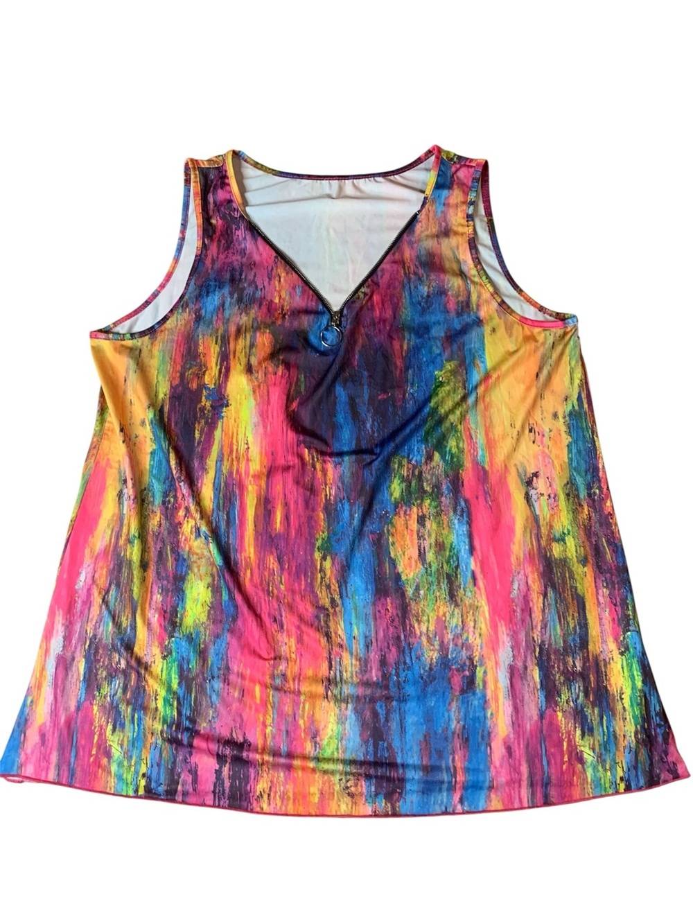 Vibrant Abstract Print Zipper Tank Top – Size XXL – Colorful & Stretchy